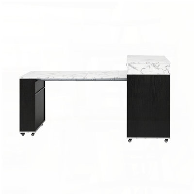 Extendable Rolling Kitchen Island with Extra-Long Folding Top, Drawers, Power Outlet (19.9" to 73.8", Black+Marble White)