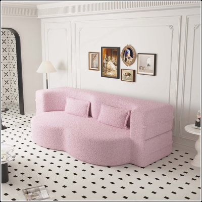 Convertible Teddy Fabric Sofa Bed with 2 Pillows, Full Size Folding Mattress, No Assembly Required