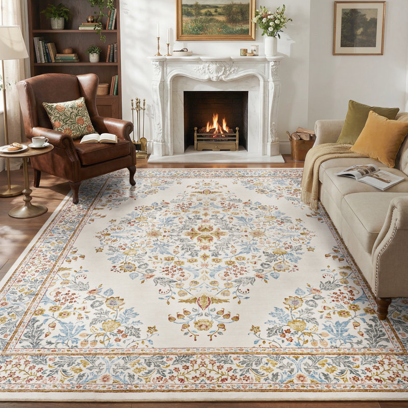 Soft Washable Vintage Floral Area Rug With Non-Slip Backing In Multicolor, Rectangle 8' x 10', Beige, Green, Blue