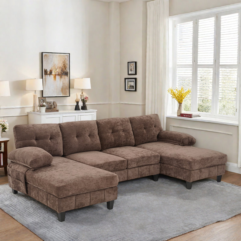 U-shaped Sectional Sofa With Dual Chaise Lounges, Storage Pockets And Armrest Pillows, Brown Chenille