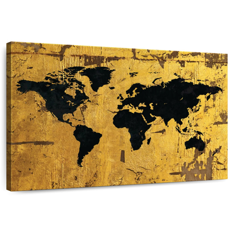 Aliaz Black On Gold World Map, 8" H x 12" W