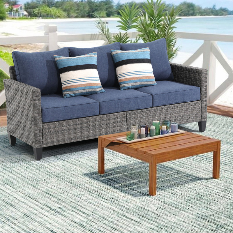 Wicker Outdoor Patio Sofa with Cushions, Gray Frame/Navy Cushion