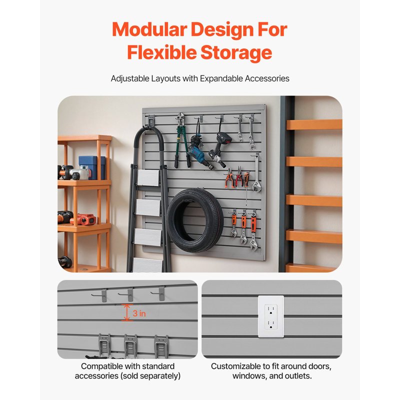 Panneau mural à lattes, 122 x 122 cm, panneau mural de garage en PVC à lattes modulaires, gris, facile à installer, réglable, avec système d'assemblage et découpe à faire soi-même, idéal pour le rangement et l'exposition.