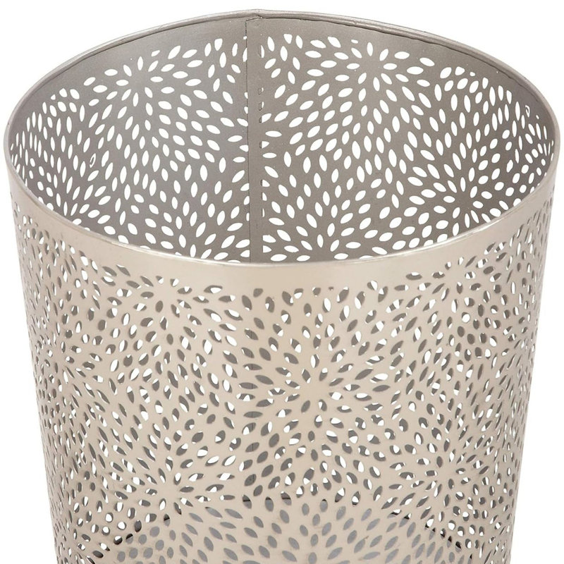 Modern Perforated Design Round Metal Waste Basket, Silver