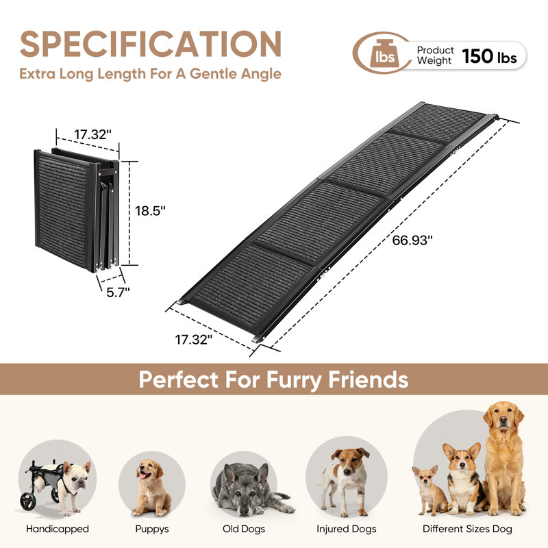 Rampe pliante pour chien 66 pouces pour voitures VUS et camions Capacité de charge de 150 lb pour chiens avec surface antidérapante