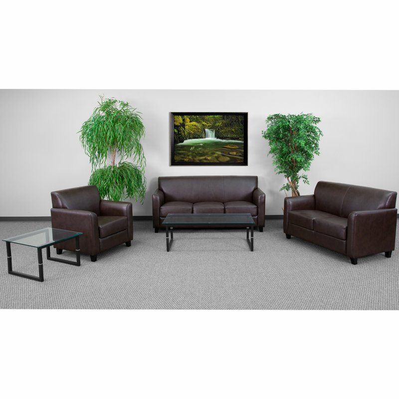 Elegant Brown LeatherSoft Fixed-Arm Chair with Wooden Frame