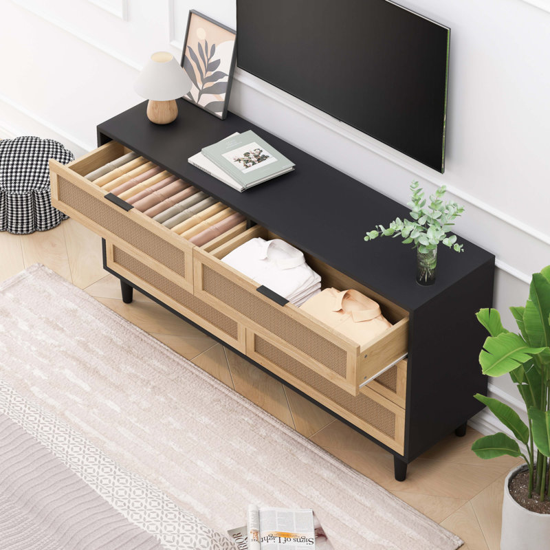 Armoire de rangement en rotin 6 tiroirs, Noir