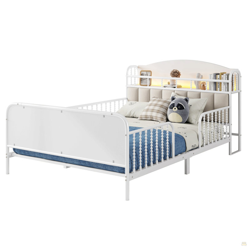 Structure de lit plateforme pleine grandeur en métal avec lumière, lit double en métal pour enfants avec tête de lit tapissier et rangement