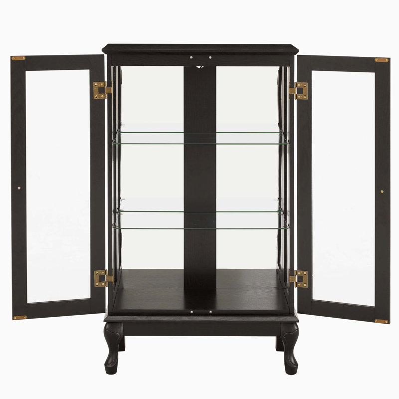 Vitrine en verre trempé avec panneau arrière en miroir, lumière intégrée et tablettes réglables, Black