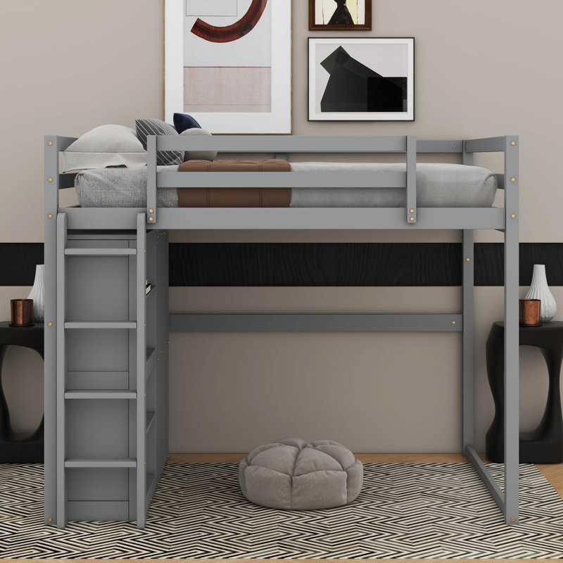 Wood Full Size Loft Bed With Wardrobe, Shelves And LED Light, Gray