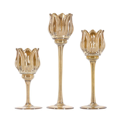 S/3 Glass Tulip Candle Holders with Amber Luster Finish