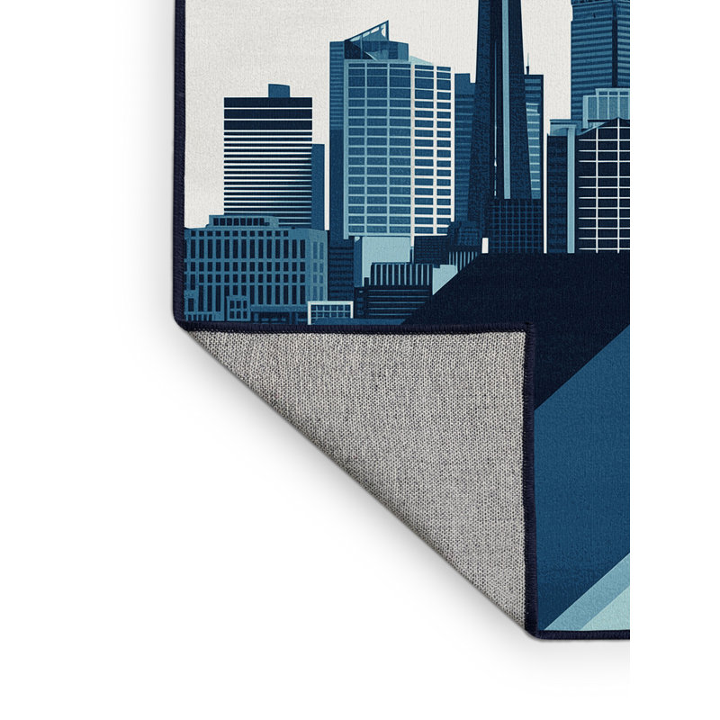 Machine Washable Paret Auckland Skyline Modern & Contemporary Geometric Rug in Blue – Navy Binding, 7x10