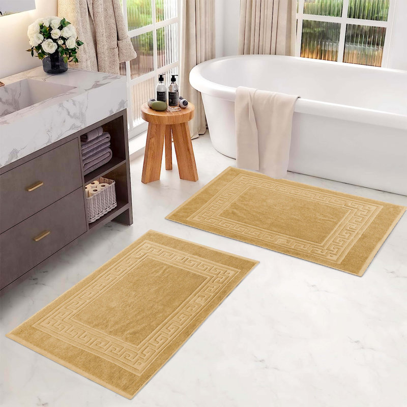 Subra Rectangular Cotton Reversible Greek Key Infinity Border 2 Piece Bath Mat, Gold