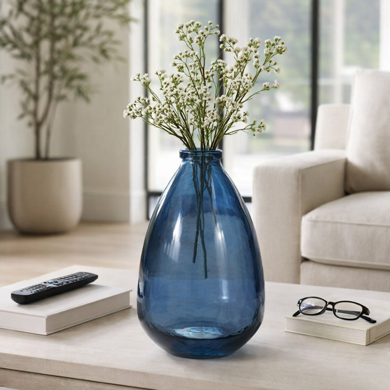 Modern Smooth Glass Vase for Home Decor Styling - Decorative Coastal Accent Tall Flower Vase for Tabletop, Shelf, or Console Setup - Blue