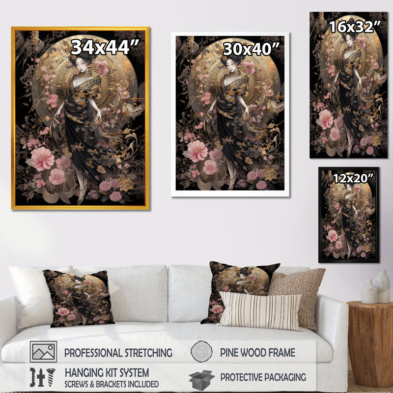 Élégante femme japonaise III - art mural femme au Japon, H 32 po x l 24 po x P 1 po, Cadre flottant noir