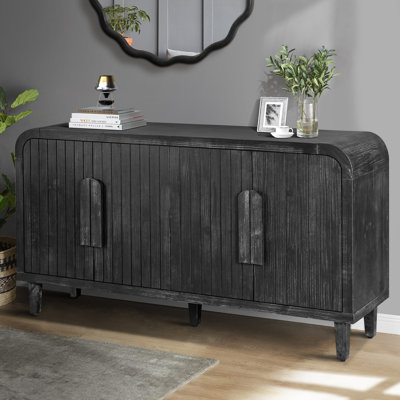 Buffet de rangement rétro 59 po avec grandes poignées en bois, sculpture verticale grain de bois et tablettes réglables pour la cuisine et la salle à manger
