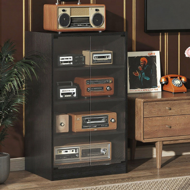 Cabinet multimédia avec rangement stéréo, support pour disque vinyle et tablettes réglables pour les centres de divertissement modernes