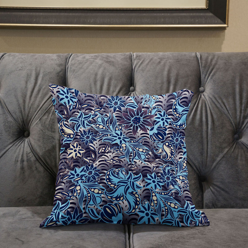 Purple Blue Beige Floral Faux Suede Throw Pillow 20x20