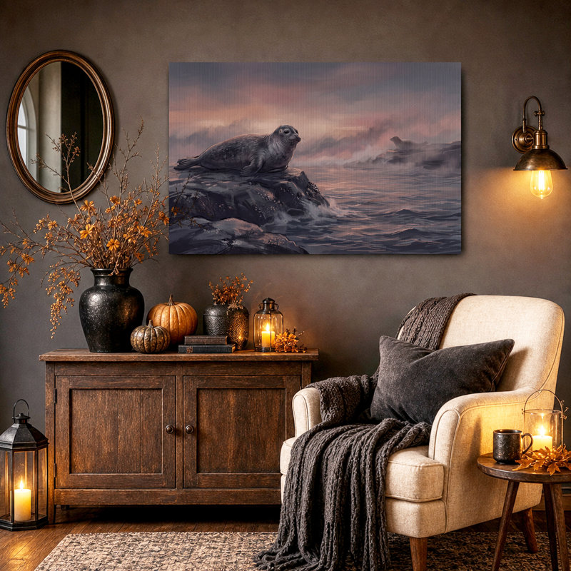 Toile grise grise sur un affleurement rocheux au coucher du soleil, art d'Halloween sur toile, H 12 po x l 18 po