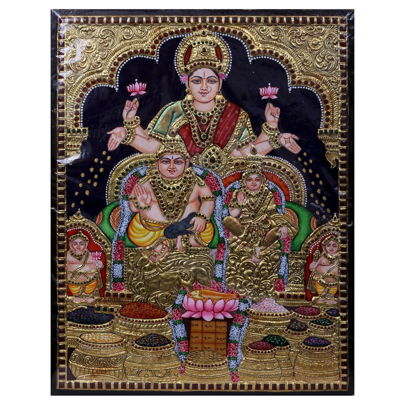 Lord Kubera et Bhadra avec la déesse Lakshmi | Couleurs traditionnelles avec cadre en or 24 carats Tanjore