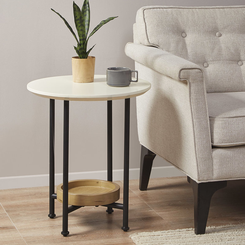 Table de bout ovale avec finition blanche et tablette naturelle, base en métal pour table de salon, base, embellissez votre espace