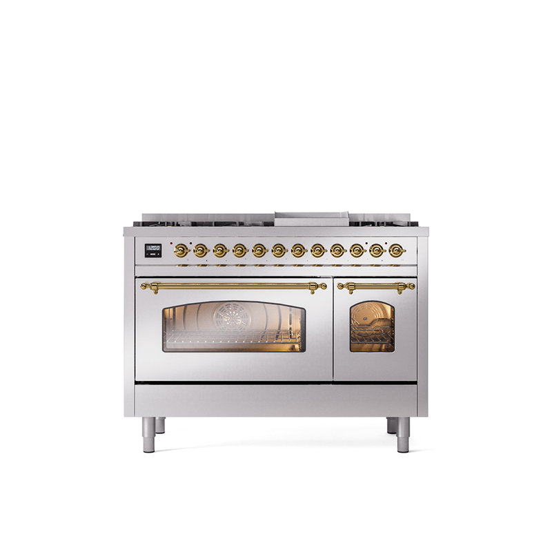 ILVE Nostalgie II Series 48 inch Dual Fuel Range with 8 Sealed Burners, Griddle (Glass Door), Stainless Steel/Brass