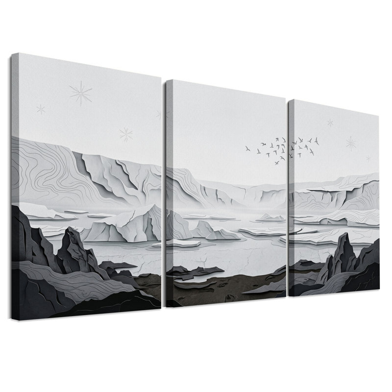 Ensemble de 3 toiles murales monochromes découpées dans du papier, représentant un paysage d'icebergs, 18"H x 12"W x 3pcs