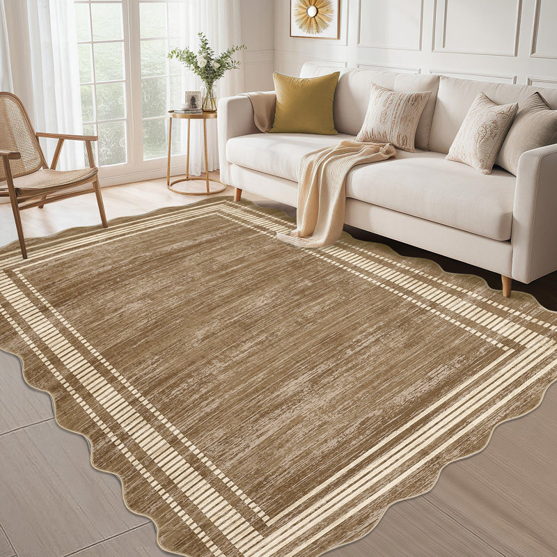 8 x 10 ft Polyester Light Brown Rectangular Geometric Bordered Living Room Bedroom Dining Room Machine Washable Area Rug