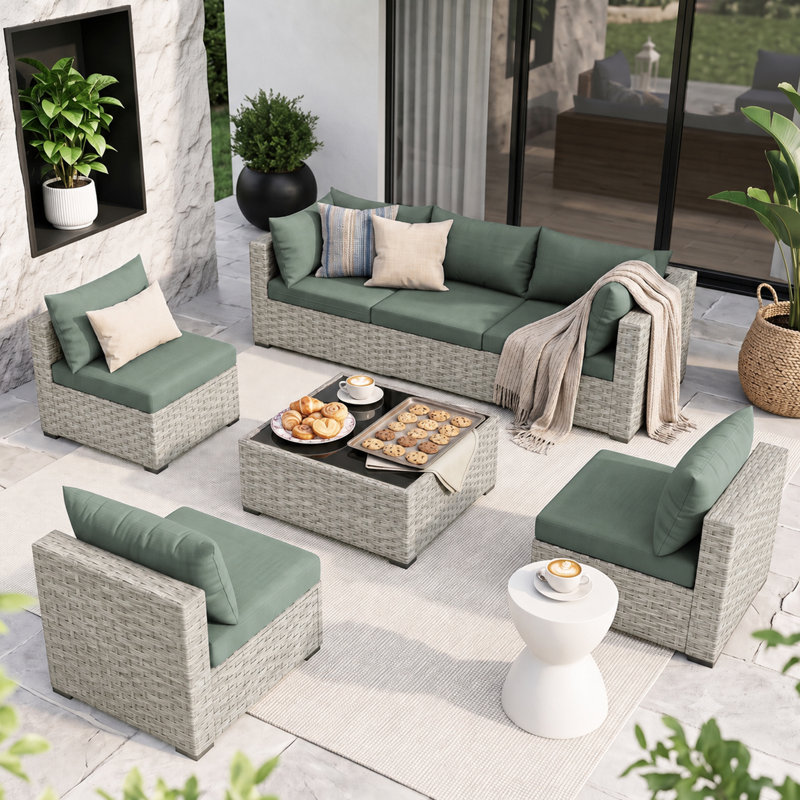 Ensemble de conversation modulaire d'extérieur en rotin 7 pièces PE, Green, Gray