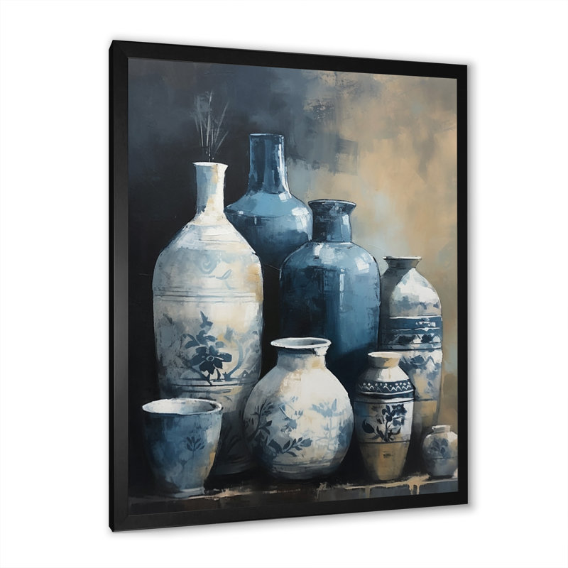 «Kelland Blue and Cream Bohemian Vibes Pottery IV», reproduction sur toile, H 32 po x l 16 po x P 1 po, Cadre photo noir