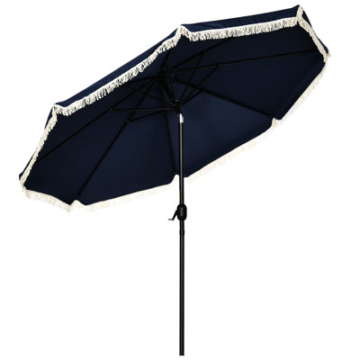 Dark Blue 9ft Patio Umbrella, Tilt And Crank Function, Ruffled For Deck, Pool, Garden With Tassels Pool Deck Outdoor
