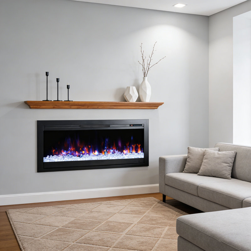 Foyer électrique ultra-mince encastré, 44 po - Lit flamme et braise multicolore, chauffage à DEL avec télécommande
