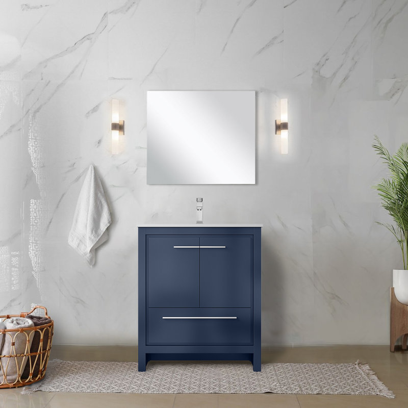 Lafarre 30'' Single Bathroom Vanity with Marble Top with Mirror, White Cultured Marble, Navy Blue