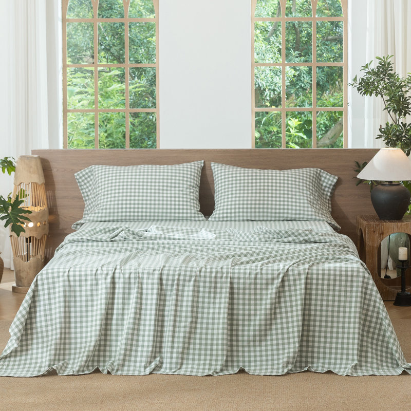 Ensemble de draps 100% coton lavé MooMee, Vert sauge, Ensemble de draps pour grand lit avec 2 taies d'or