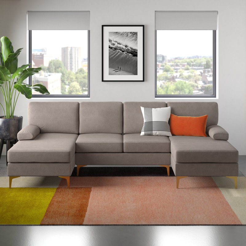 Amulya 106" Wide Symmetrical Sofa & Chaise, Khaki Polyester Blend, Black