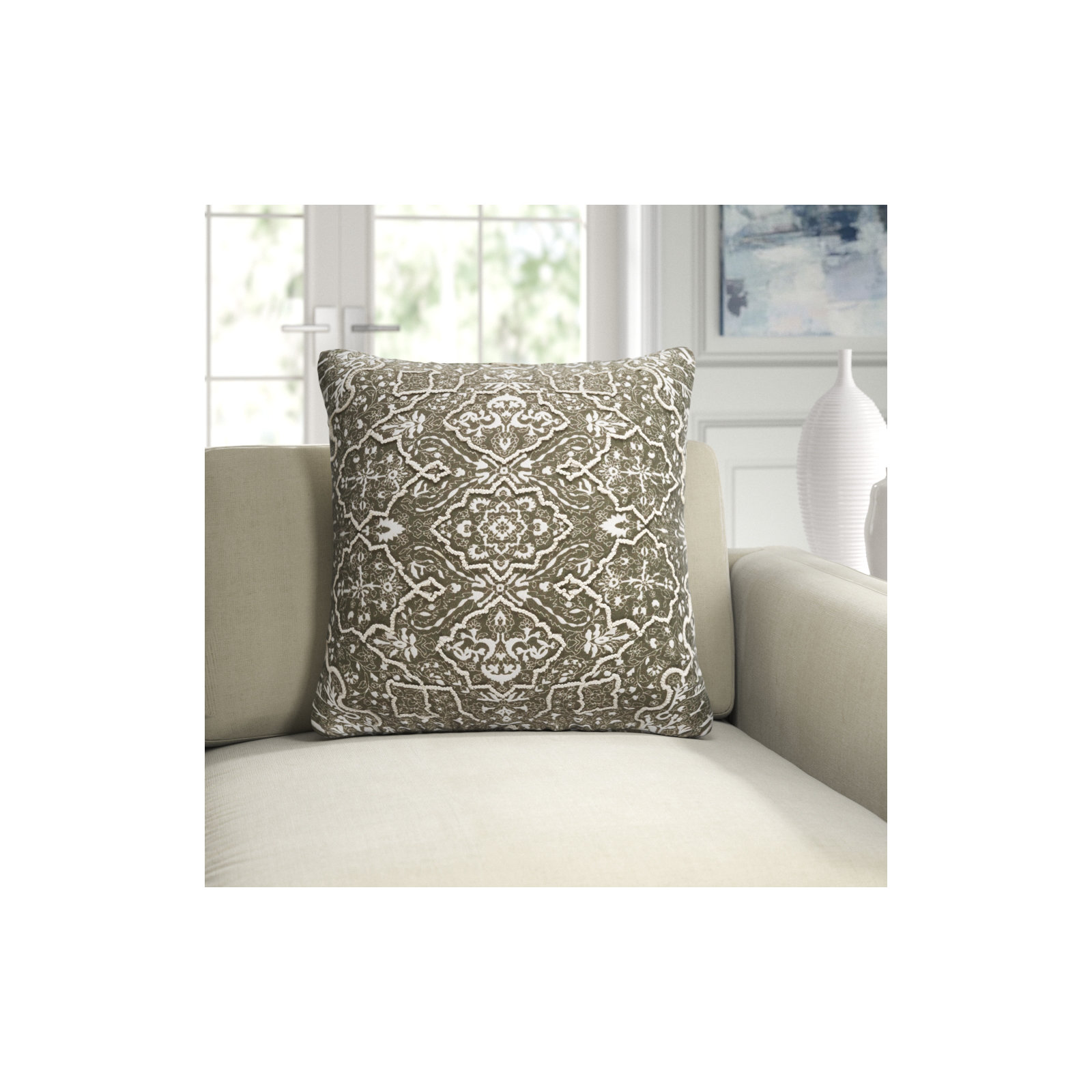 Caitlyn Embroidered Linen Throw Pillow, Dark Green, 20" H x 20" W x 0.2" D, No Fill