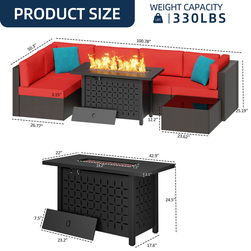 7-Piece Outdoor Rattan Patio Set with Fire Pit Table, Red