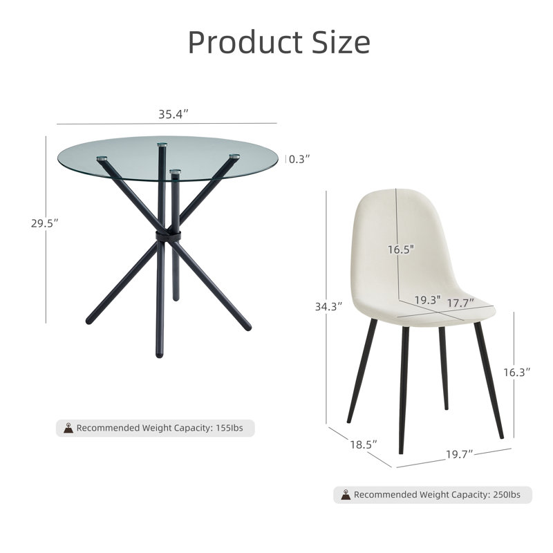 35.4" Round Glass Dining Table And 4 Upholstered Dining Chairs For Kitchen, Dining Room, Living Room, White
