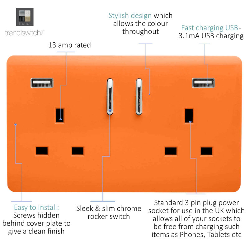 Trendi Switch 2 Gang USB 3100mA Plug Socket, Orange