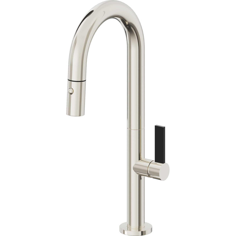 Pull-Down Prep/Bar Faucet With Button Sprayer, Black Flat Blade, Polished Nickel