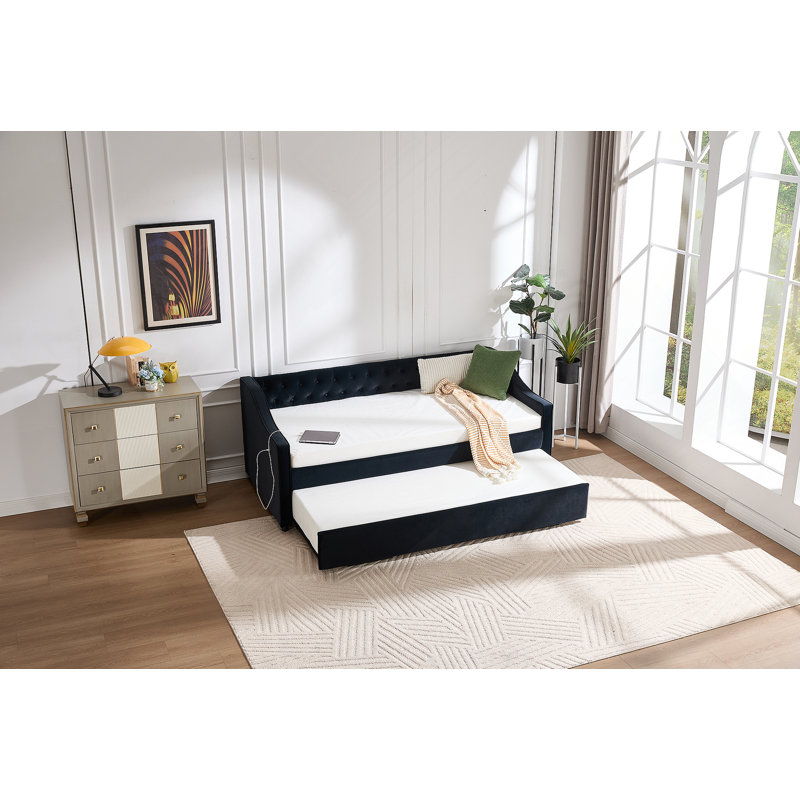 Twin Size Upholstered Daybed With Trundle,USB Port ,Side Pockets,Velvet Daybed With Button On Back And Piping On Waved Shape Arms For Bedroom Guest Room