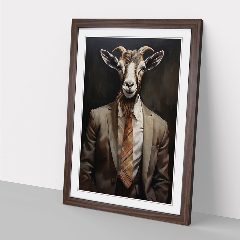 Goat In A Suit No.2 - Single Picture Frame Print on Wood, 64cm H x 46cm W, Walnut Framed