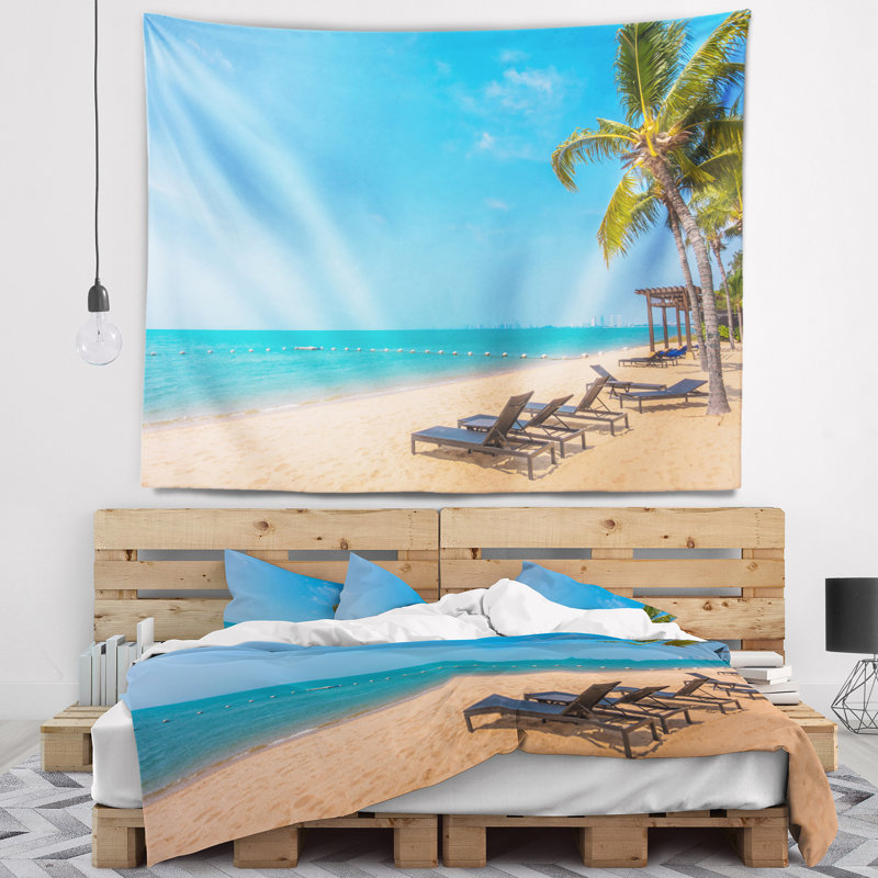 Tapisserie bleu beach avec palmier mer, H 32 po x l 39 po