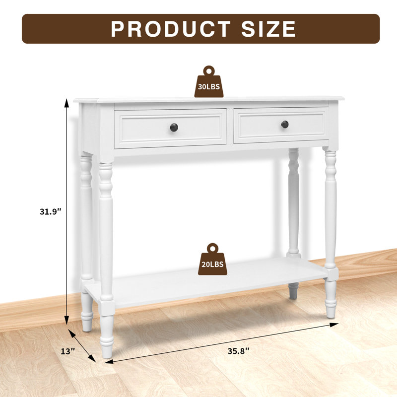 Console avec tiroirs, table d'appoint en bois avec table de rangement étroite, Bois blanc