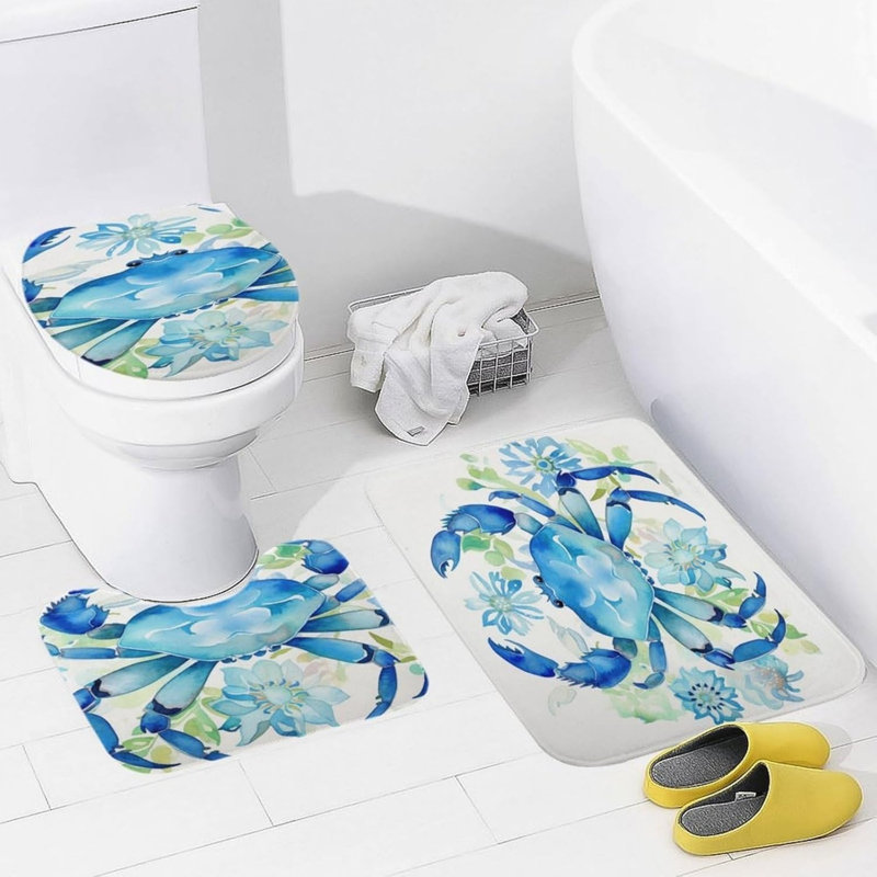 Tapis de salle de bain aquarelle crabe marine pour coin de terrasse bord de mer, 3 pièces, Teal, Animals 5