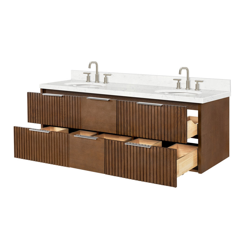 Meuble-lavabo mural ovale double 60 po avec comptoir à quartz blanc Carrara de 1,5 po Mulloy, Ovale, Chêne brun
