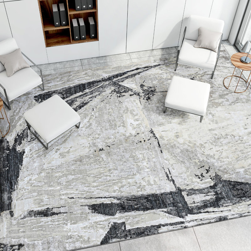 Hand Knotted Area Rug in Ivory And Black, Rectangle 5' x 8'