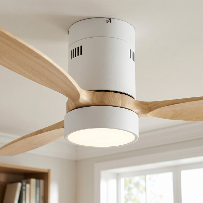  52-inch Modern Ceiling Fan with Light, 3 Solid Wood Blades, DC Motor, 6 Speeds, Flush Mount for Bedroom, Living Room, Oak