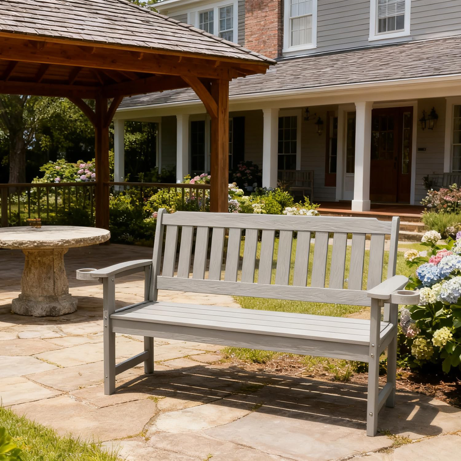 Ebern Designs Outdoor Bench With Cup Holders, 2-Person Garden Bench ...