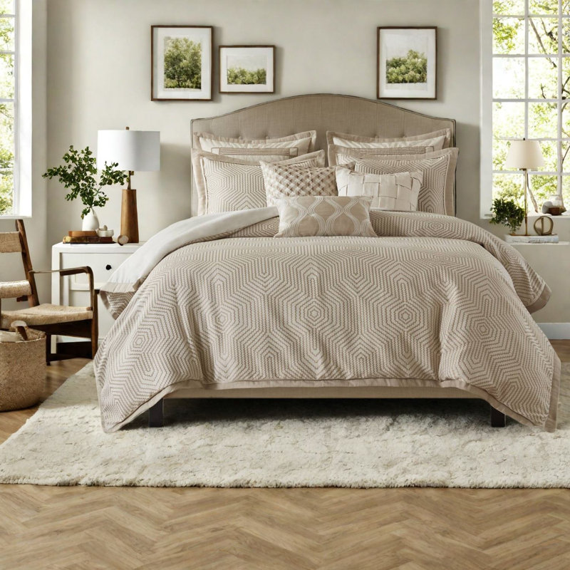 Luxury Tan Ivory Bedding Sets, Polyester Jacquard, Modern Elegance For Home